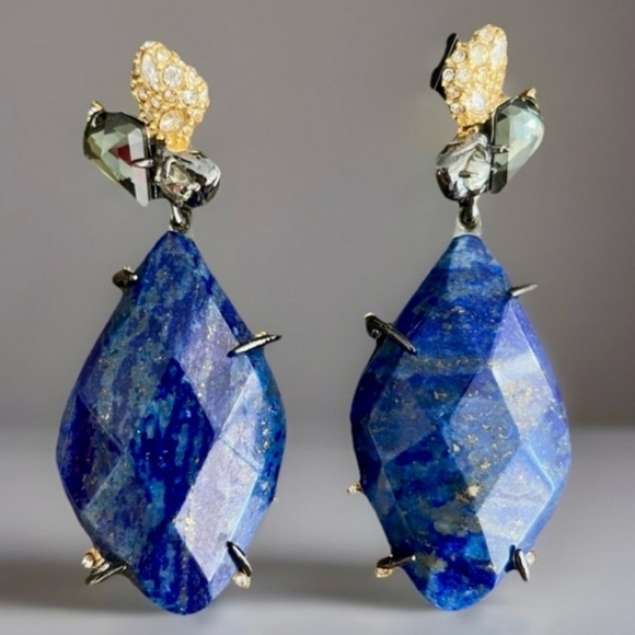 Alexis Bittar Jewelry - Elegant Alexis Bittar Genuine Stones Blue and Gold Drop Earrings 2"